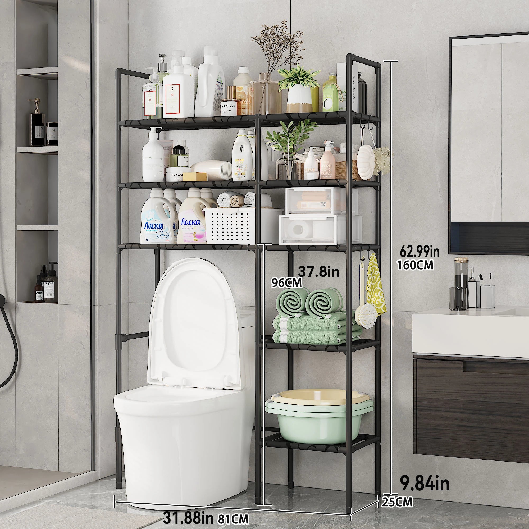 2/3 Tier Bathroom Storage Cabinet - Space-Saving, Over-The-Toilet Storage Shelf, Easy to Assemble, Suitable for Bathroom Essentials with Rust-Proof Metal Frame and Plastic Dividers, Ideal for Storing Toiletries, Towels, and D