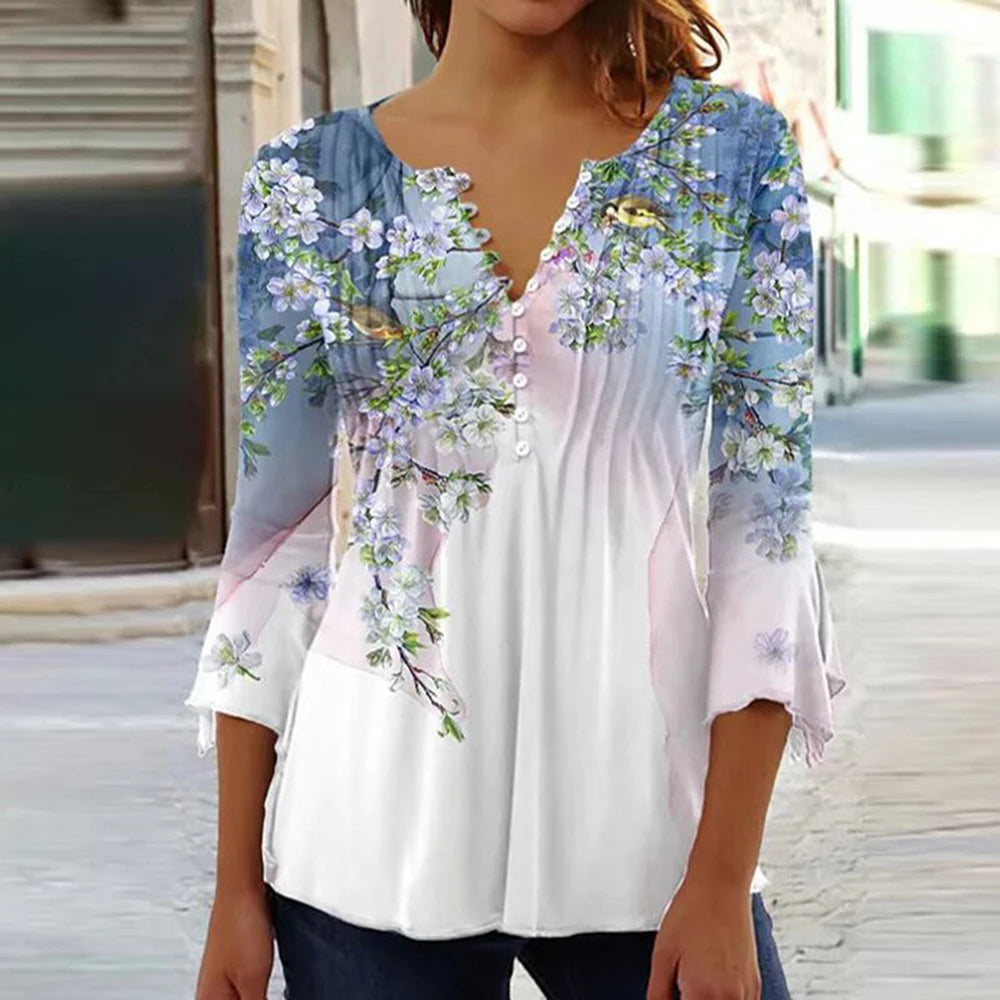2024 Trendy 3D Printed Shirts for Women Spring Summer 3/4 Sleeve V Neck Buttons Blouse Shirt Elegant Ladies Long Sleeve Tops