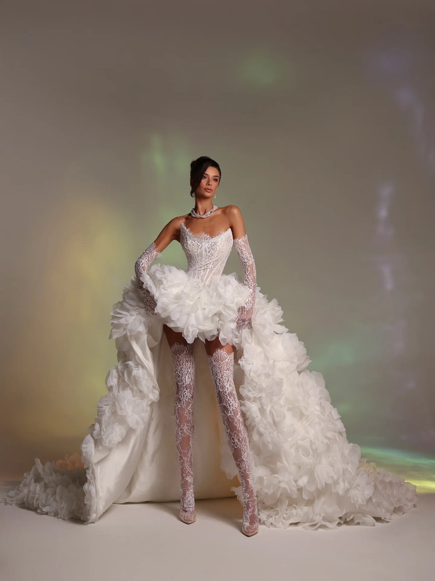 White Lace Wedding Dress Bridal Gown Luxury High Low Hem Train Prom Dress Strapless Puffy Ruffled Dressing Gowns Customized 2026