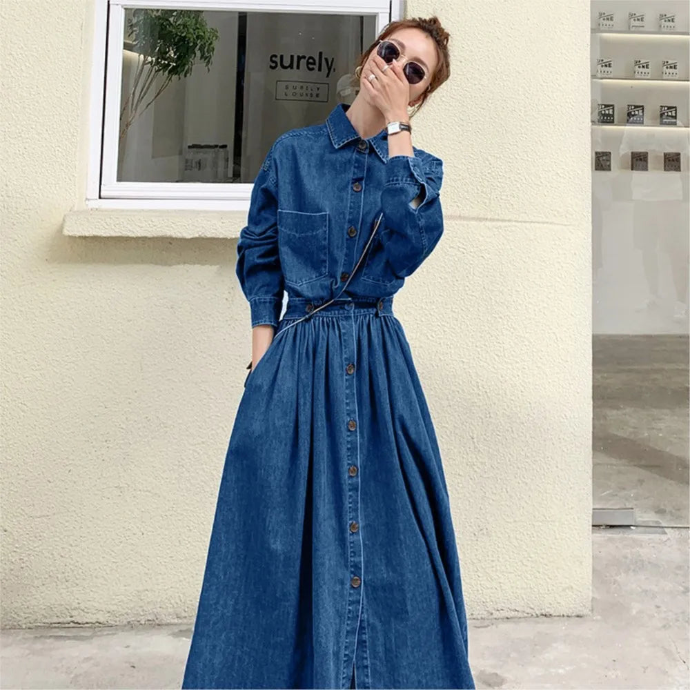 Denim long dress women A-line high waisted long sleeves casual roupas femininas