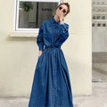 Denim long dress women A-line high waisted long sleeves casual roupas femininas