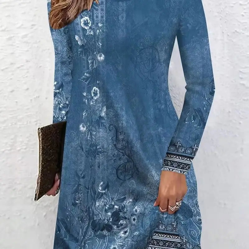 3D retro printed dress, women's autumn long sleeved round neck casual mini A-line dress Vestidos De Mujer