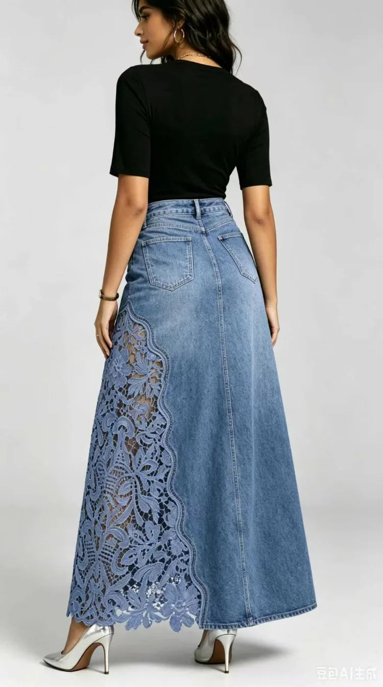 Women Denim Skirt Floral Lace Hollow Out Asymmetric Panel Skirt With Pockets Vintage Casual Irregular Hem Slim Jean Bottoms