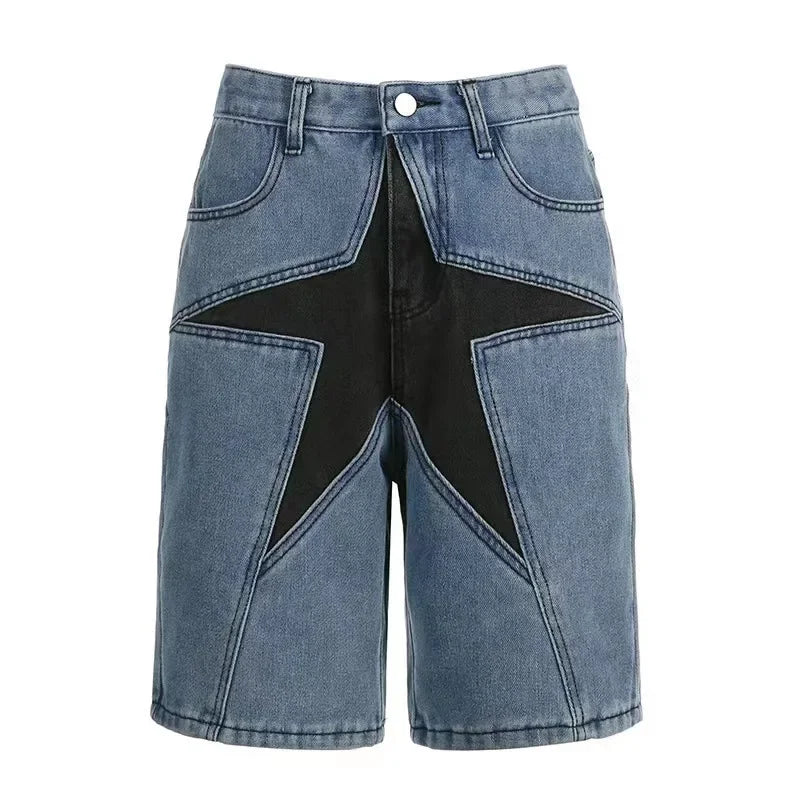 Women's Denim Pant Street Trend Loose Collision Colour Pentagram Appliqué Denim Middle Trousers High Waisted Jeans Pants