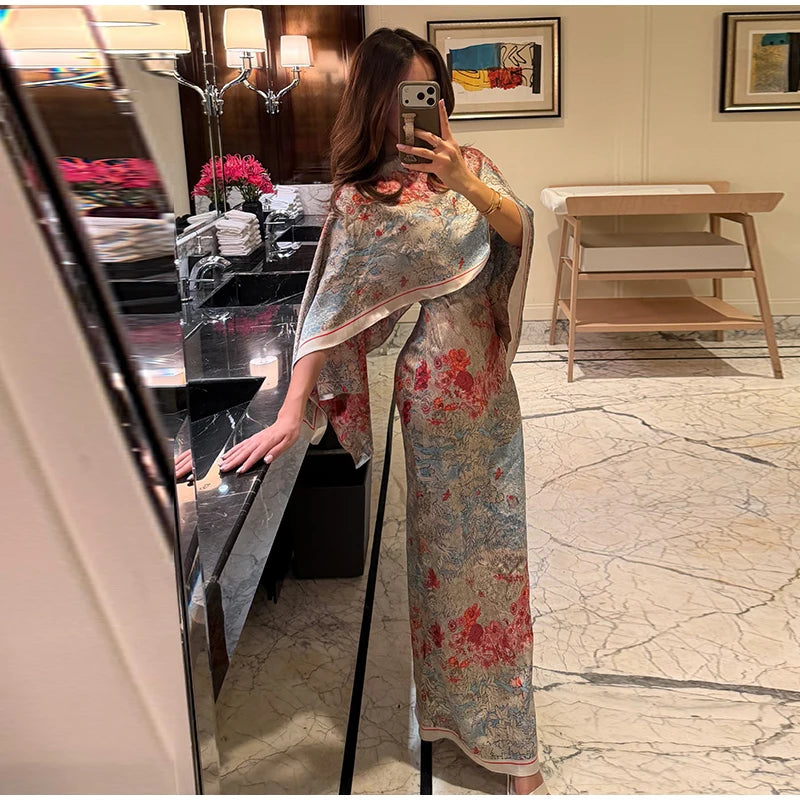 Women Floral Dress With Attached Shawl Cape Overlay Waisted Bodycon Maxi Dresses Fashion Elegant Commute 2026 Summer Autumn Gown