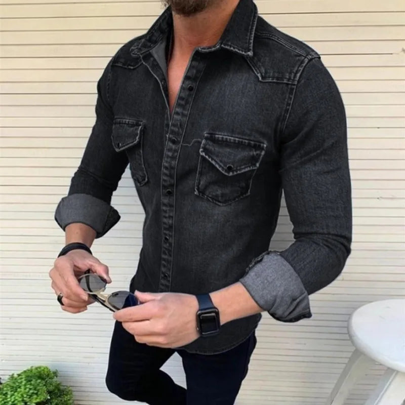 Denim Shirt Men Long Sleeve Washed Spring Summer Jean Tops
