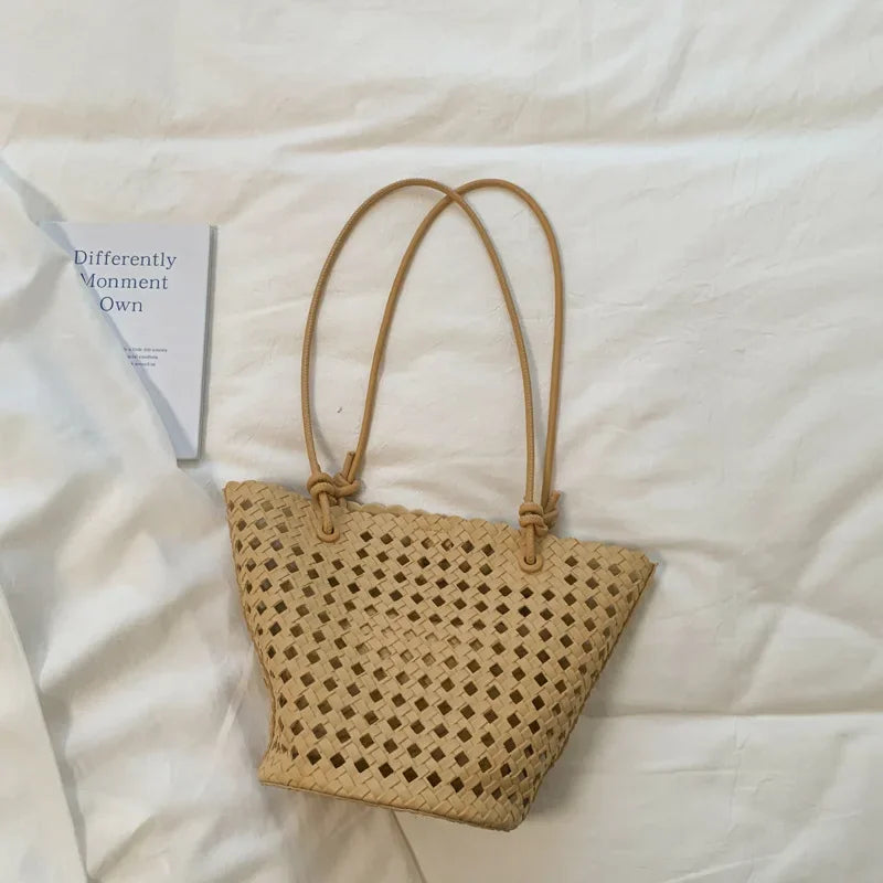 Hand-woven Openwork handBag With Zipper Inner Pocket,summer Pu Leather Beach Bucket Bags,large Capacity Simple Shopping handBag