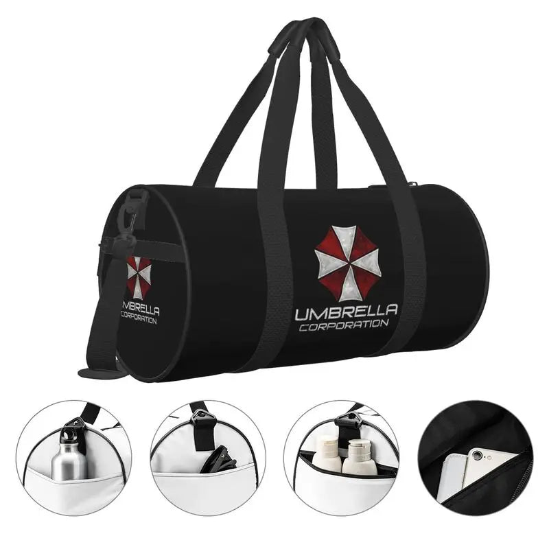 Umbrella Corporation Print Round Travel Duffel Bag Waterproof Durable Sports Gym Fitness Bag with Shoe Compartment Wet Pocket
