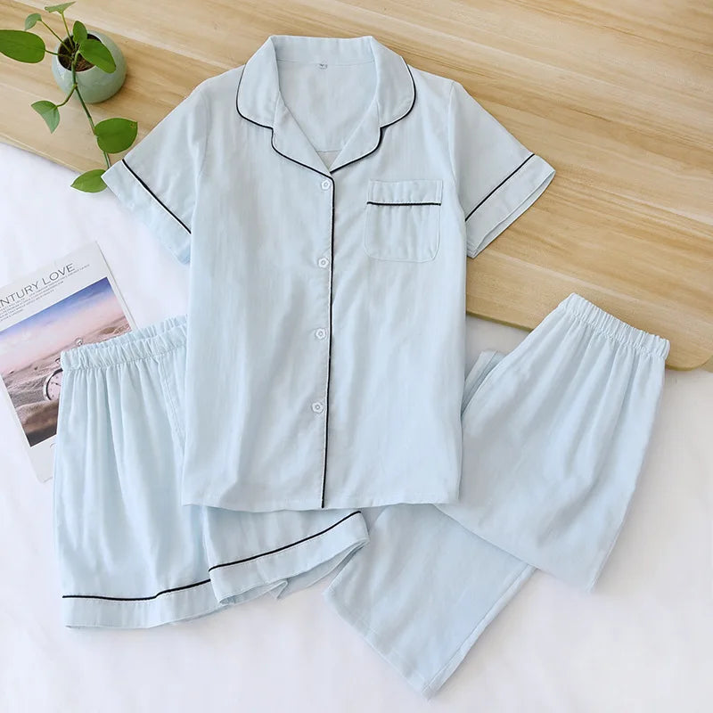 Three-piece Japanese-style pajamas women spring and summer autumn 100% cotton gauze short-sleeved shorts trousers summer suit ho