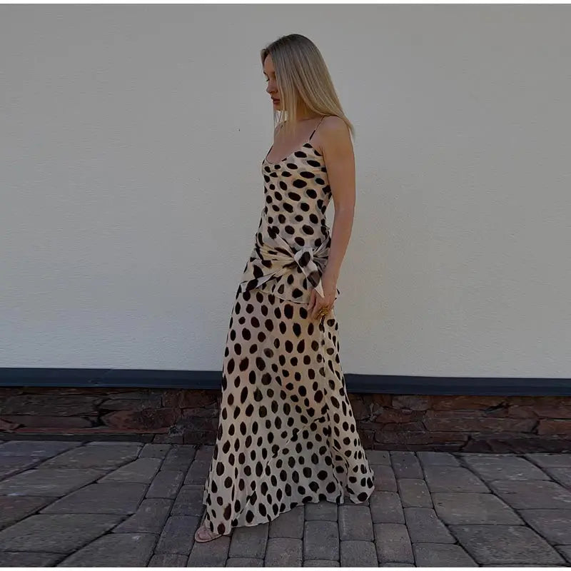 Vintage Print Maxi Dress Square Neck Spaghetti Strap Sleeveless Off Shoulder Detachable Wrap Tie Sash Dresses 2026 Chic Outfits