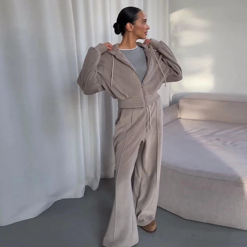 Casual Hooded Coats Long Pants Sets Women's Full Sleeve Draw-string Zipper Tops Wide-leg Trousers 2026 New Ladies Spring Outwear
