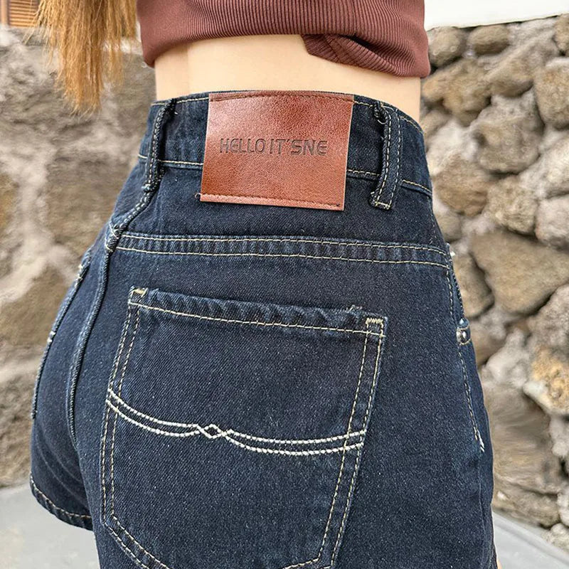 Casual Denim Shorts Women Summer Slim Fit High Waisted Pockets Hot Mini Pants Female Deep Blue Versatile Slimming Short Jeans