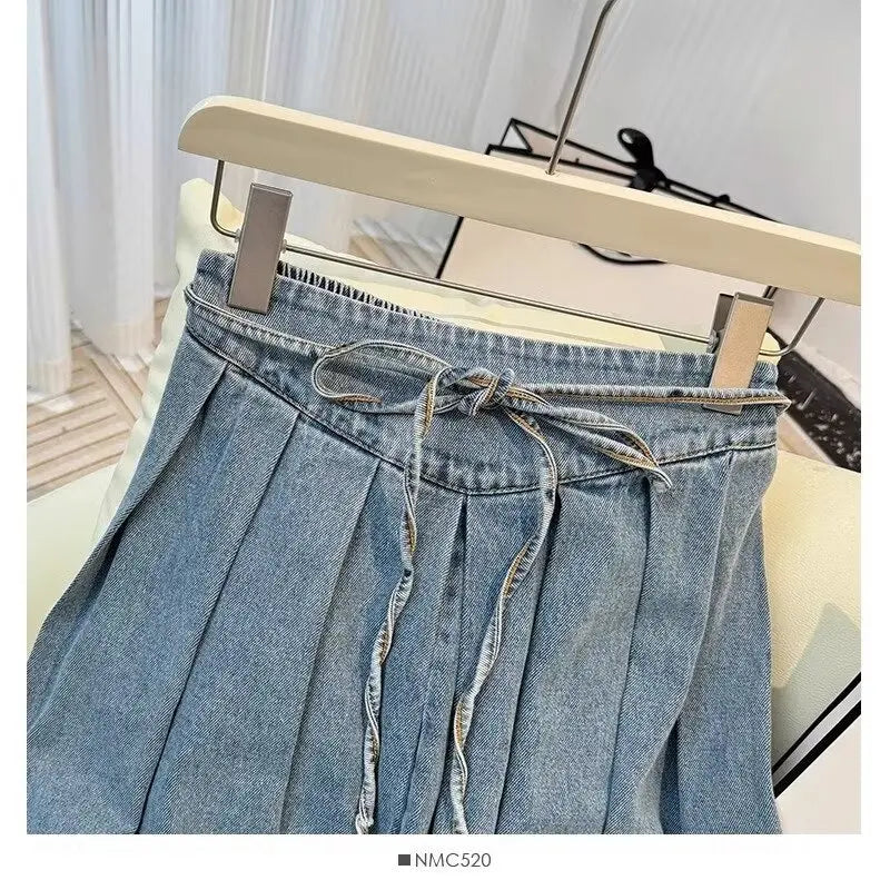 Denim Skirts Women Mid Length Skirt A Line High Waist Slim Fit Pleated Casual Elegant Splice Y2k Streetwear Work 2026 Spring