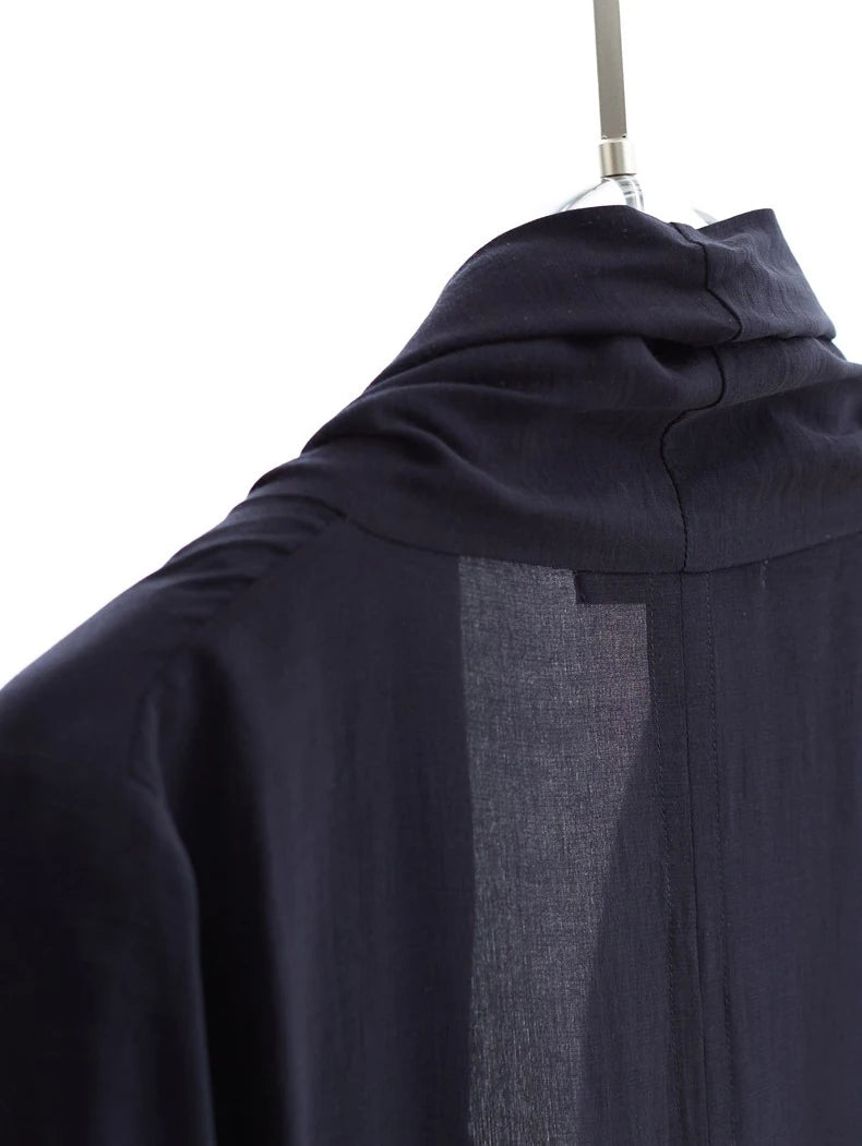 New Chinese-Style Dress~Draped Collar Navy Blue Pleated Dress, Summer Slimming and Elegant Long Dress for Women