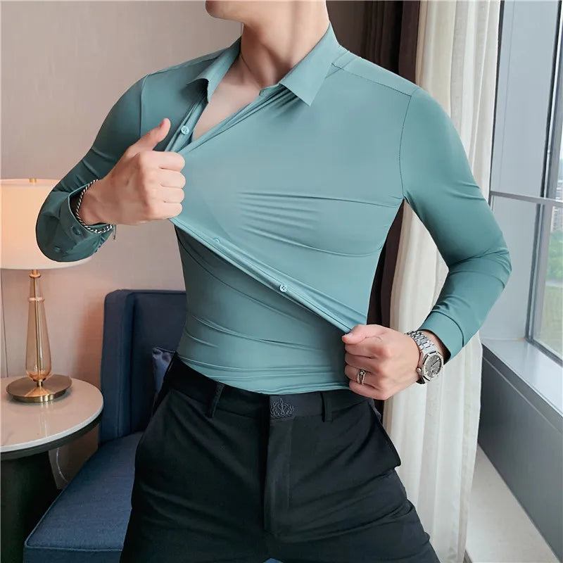 Men's Ultra Stretch Seamless Long Sleeve Shirt Top Quality Business Casual Breathable Stretchable Solid Color Formal Dress Shirt
