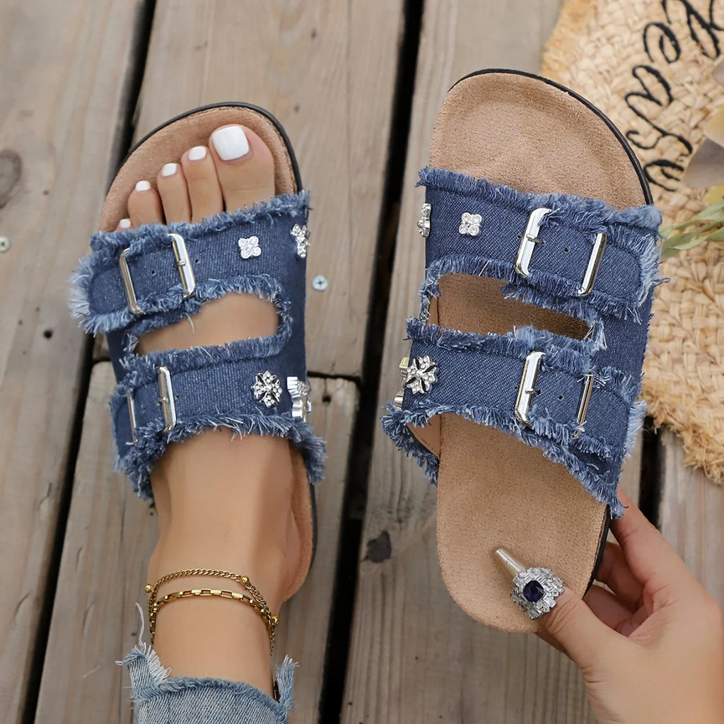 Denim Women Slippers Buckled Fringe Hem Double Strap Slippers Comfortable Sandals Slip-on Beach Shoes Ladies Casual Slides Women