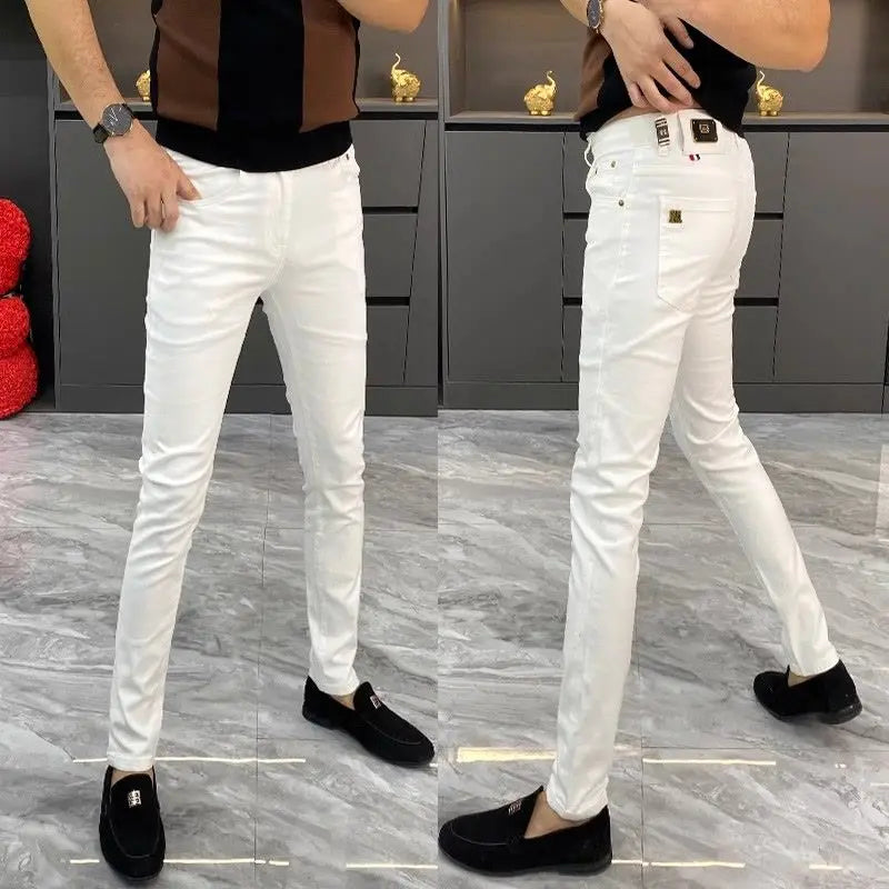 White Jeans Men's European Goods 2025 Summer New Fashion Motorcycle Boots Simple Slim Fit Elastic Versatile Small Feet Trousers
