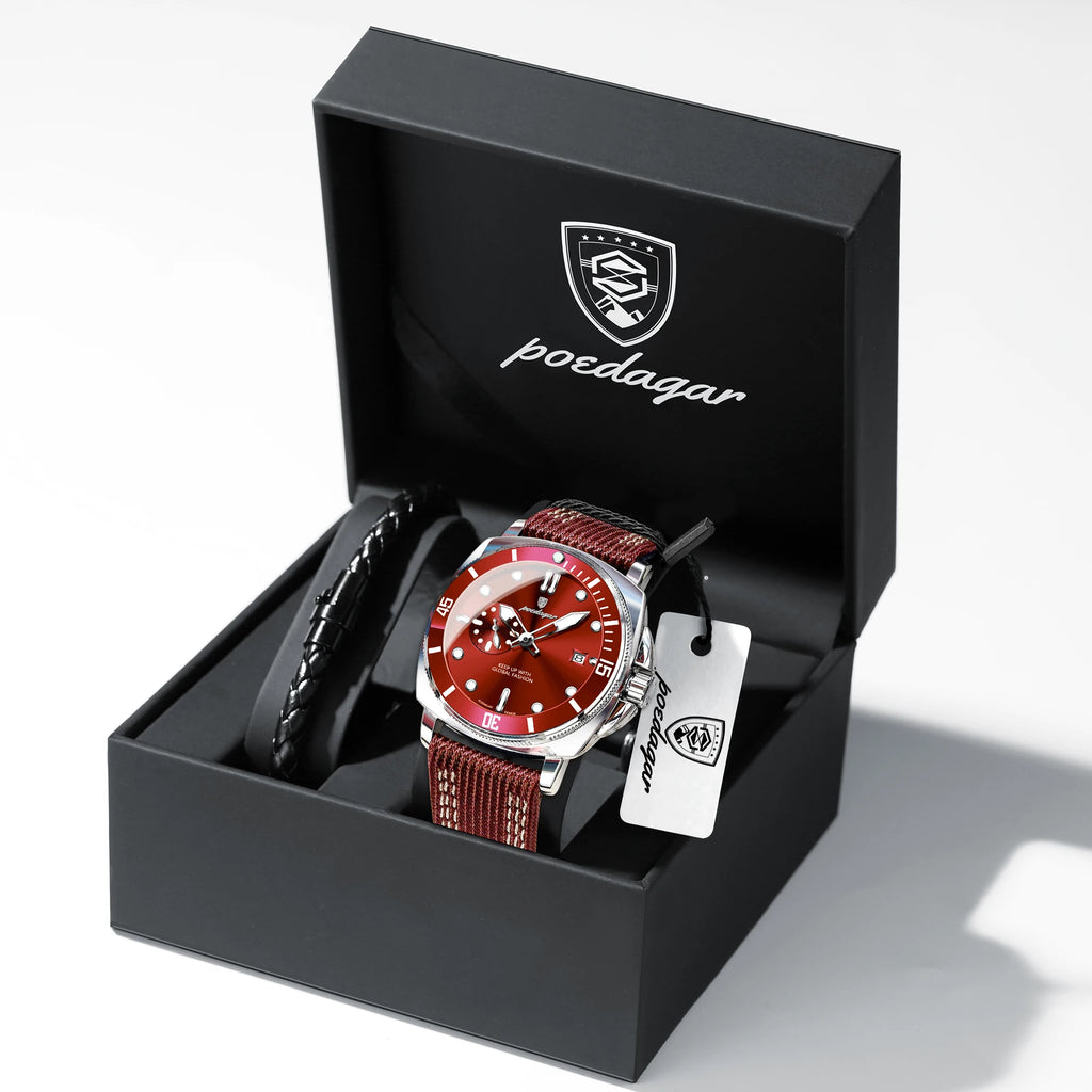 POEDAGAR Sport Military Men Clock Waterproof Luminous Date Top Luxury Watch For Man Nylon Leather Quartz Men's Watches Reloj+Box