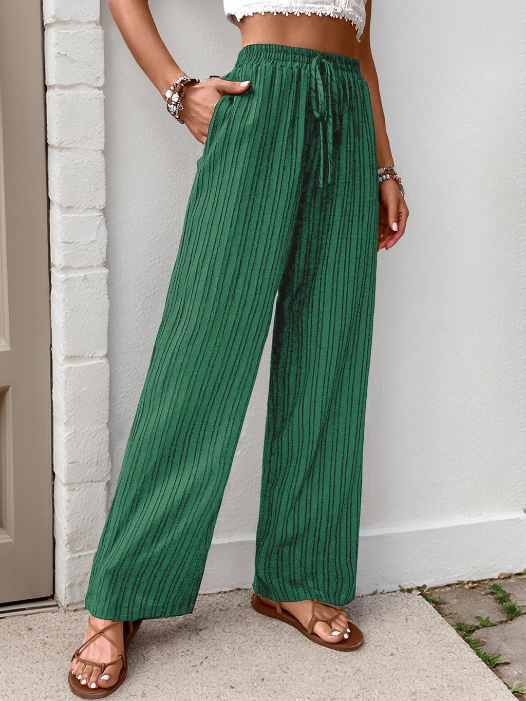 Womens High Waist Pleated Wide Leg Pants Simple Versatile Loose Casual Trousers