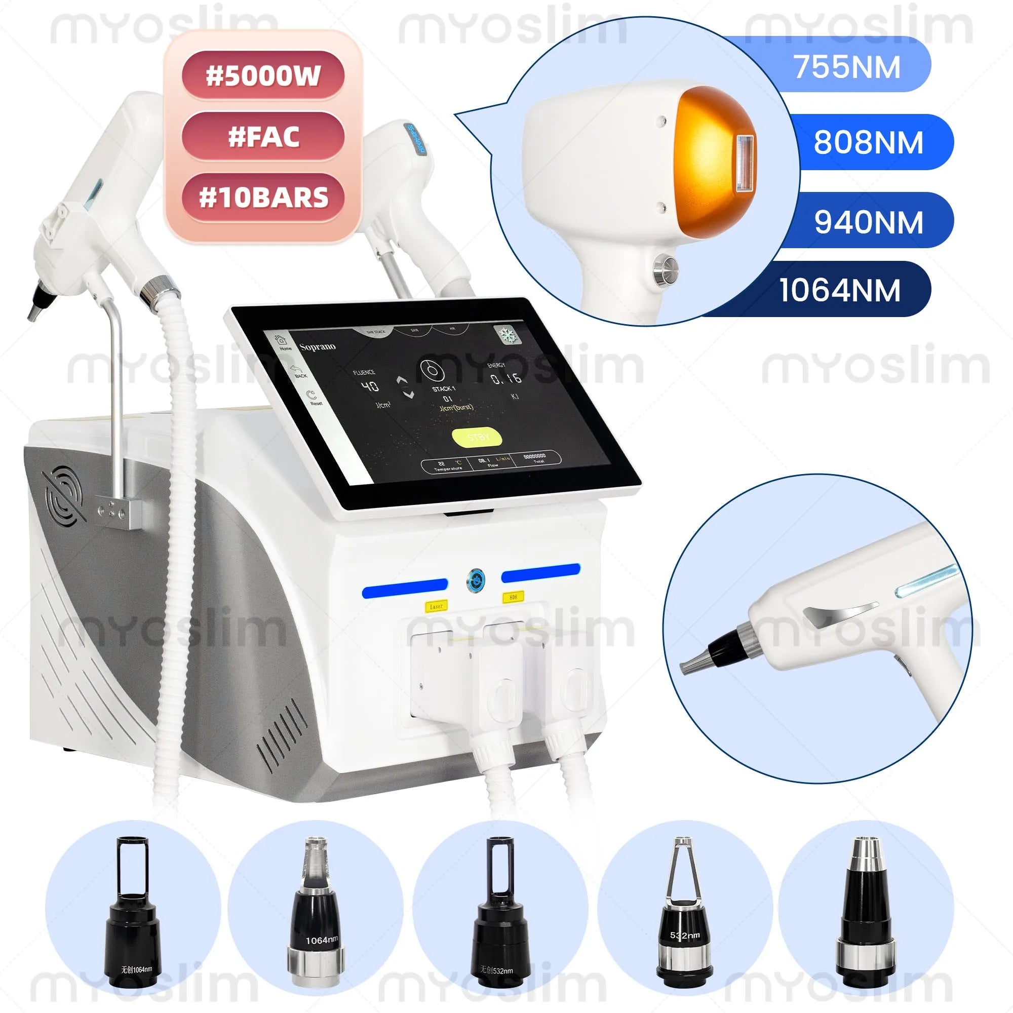 Myoslim 2In1 FAC 10Bars Diode 808 Lase Hair Removal Machin Picosecond Tattoo Removal Machine 4Wavelength Skin Rejuvenation