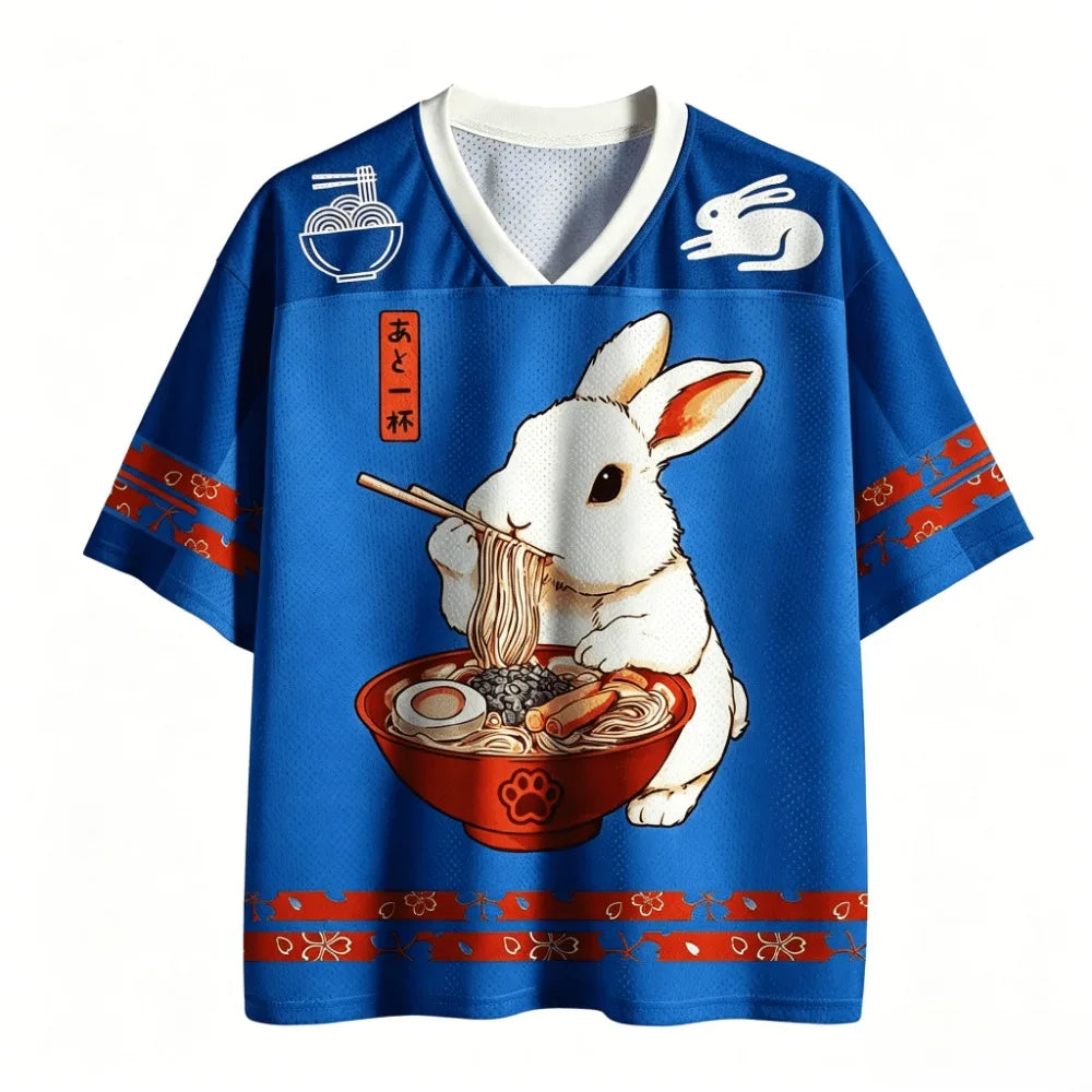Japanese Cute Rabbit Eating Ramen 3D Print Breatha Quick-dry Men's V-neck Plus-size T-shirt Streetwear Y2K Parent-child Clothing