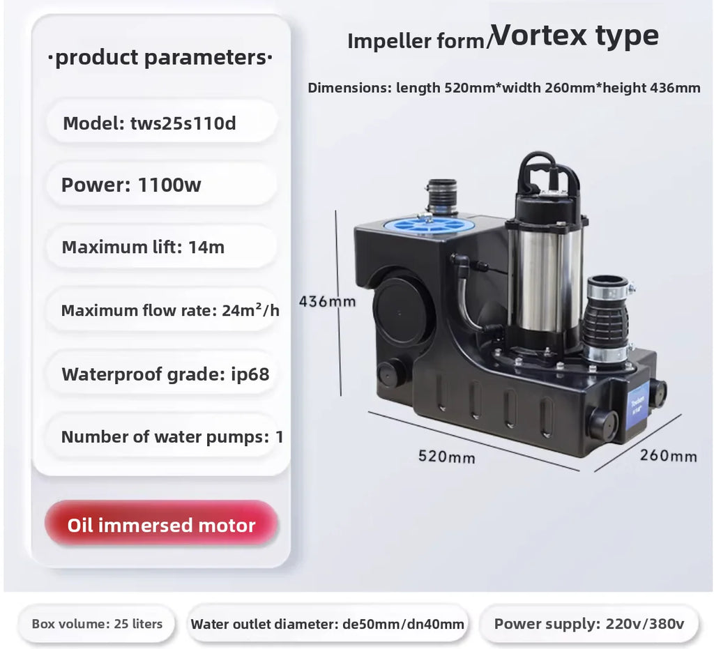 Basement sewage lifting pump station integrated automatic toilet kitchen sewage pump