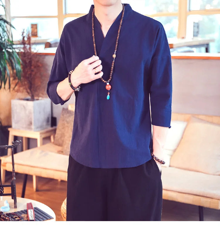 Summer Kimono Japanese Style Short Sleeve Men New Half-sleeved Cotton Linen Breathable Men Clothing T-shirt Japanese Yukata Tops