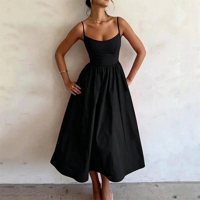 Summer U-neck Casual Female Vintage Elegant Spaghetti Strap Dress Women Elegant Solid Sleeveless A-line Midi Women's Dresses