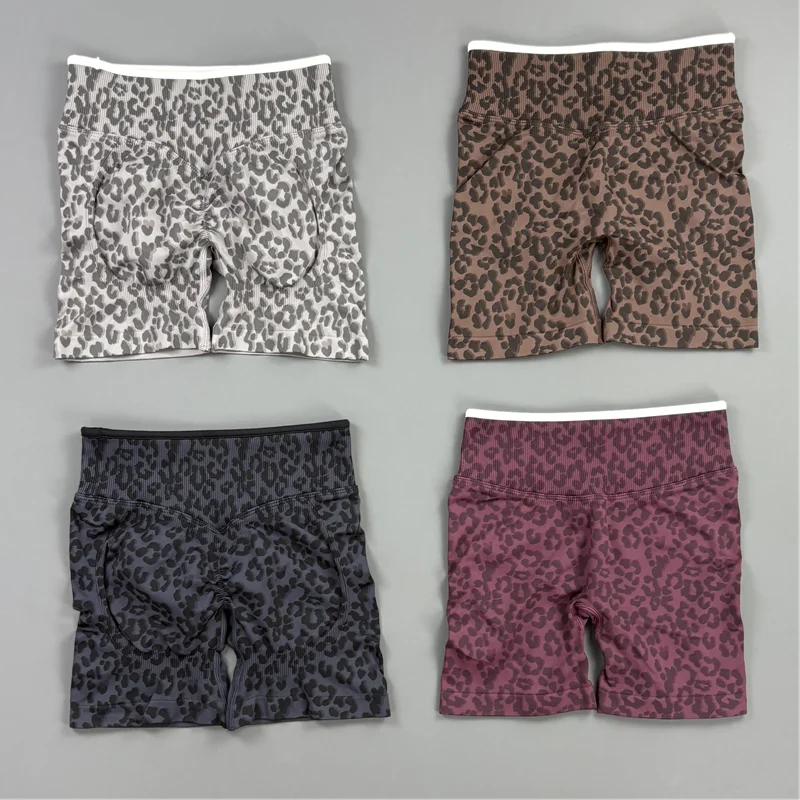 HISTELLO Gym Shorts Leopard Print Women Seamless Yoga Pants Scrunch Butt Workout Biker Tights Running Pilates Fitness Leggings