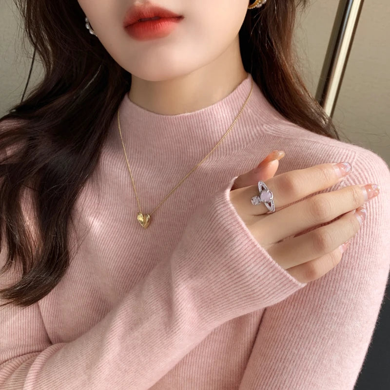 Elegant Casual Long Sleeve Pullover Sweater Fall Women Mock Neck Solid Color Knitted Top 2025 Basic Winter Korean Style Knitwear