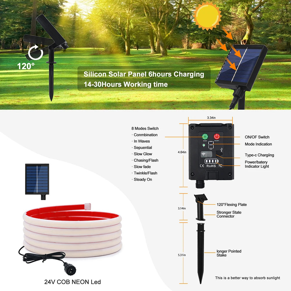 Solar Neon Light Strip 24V COB Waterproof IP68 Flexible LED Tape Red Green Blue Warm White 320LED/m High Density Linear Lighting