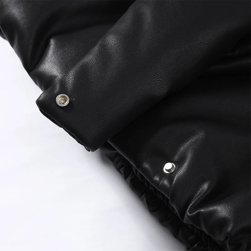 Solid Leather Turn Down Collar Cotton Coat 2026 Winter Ladies Warm Pockets Cropped Padded Jackets Women's High Street Outwear