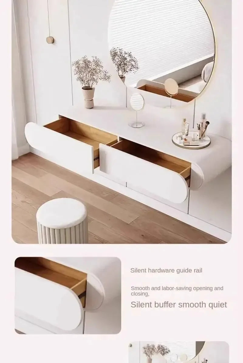 Cream Minimalist Wall Mounted Dressing Table with Mirror Suspended Vanity Desk for Bedroom Small Space Modern Makeup Table