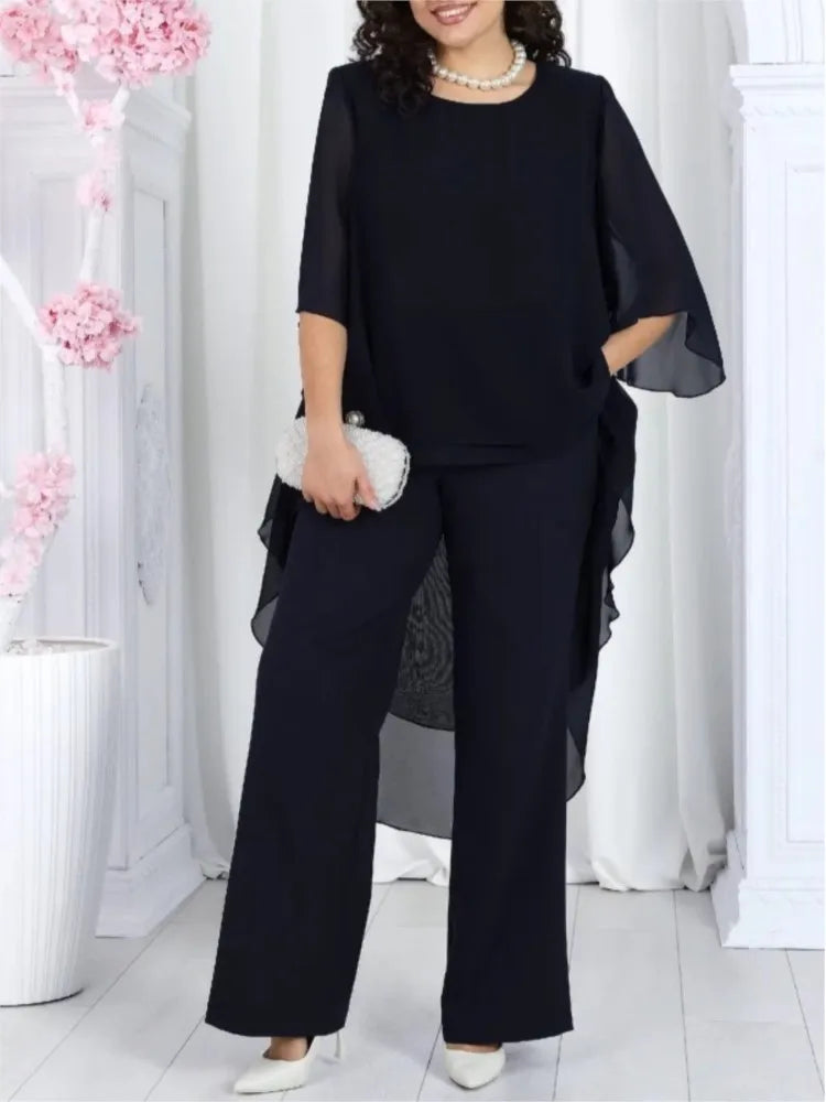 Women's Solid Chiffon Two Piece Sets Spring O-neck Mid-Sleeve Layered Ruffled Edges Long Top & Straight-leg Pants Sets Outfits