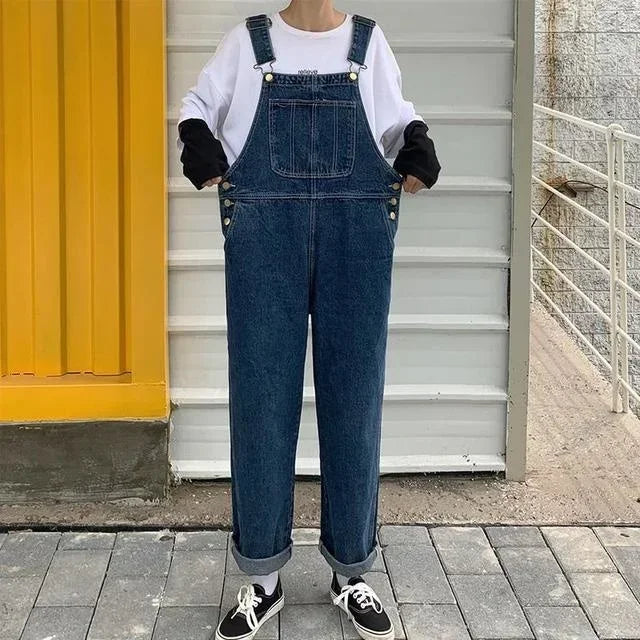 Korean Loose Denim Overalls Women Spring Autumn Straight Wide Leg Jeans Vintage Suspenders Maxi Baggy Jumpsuits Men Woman S-5XL