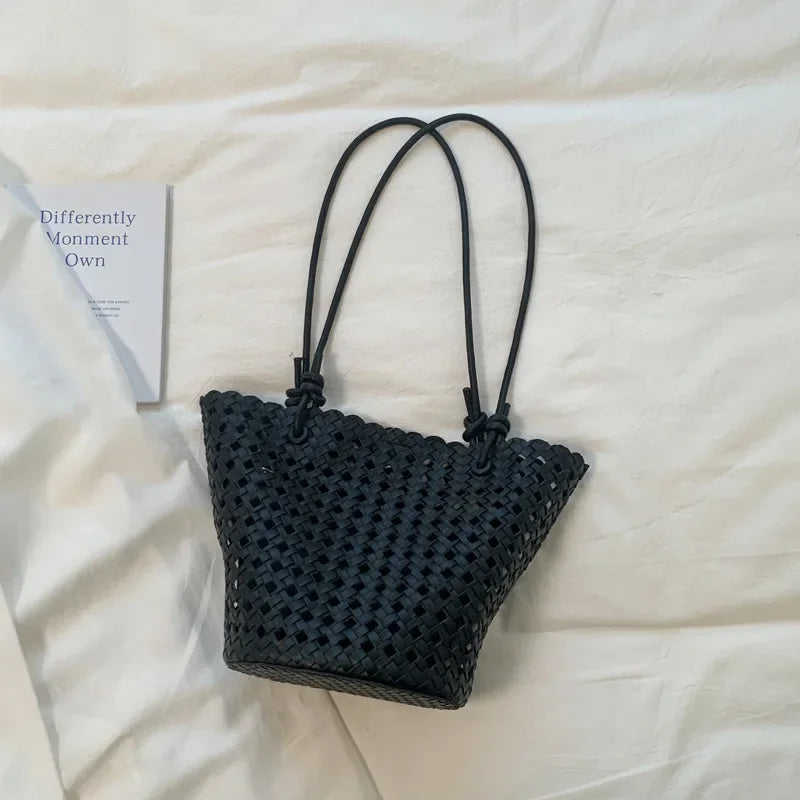 Hand-woven Openwork handBag With Zipper Inner Pocket,summer Pu Leather Beach Bucket Bags,large Capacity Simple Shopping handBag