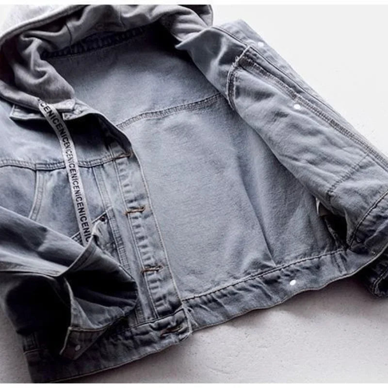 Denim Jacket Schoolgirl Korean Version Loose Short Jacket Long-sleeved Hooded Jacket Multi-pocket Versatile Top Autumnand Winter