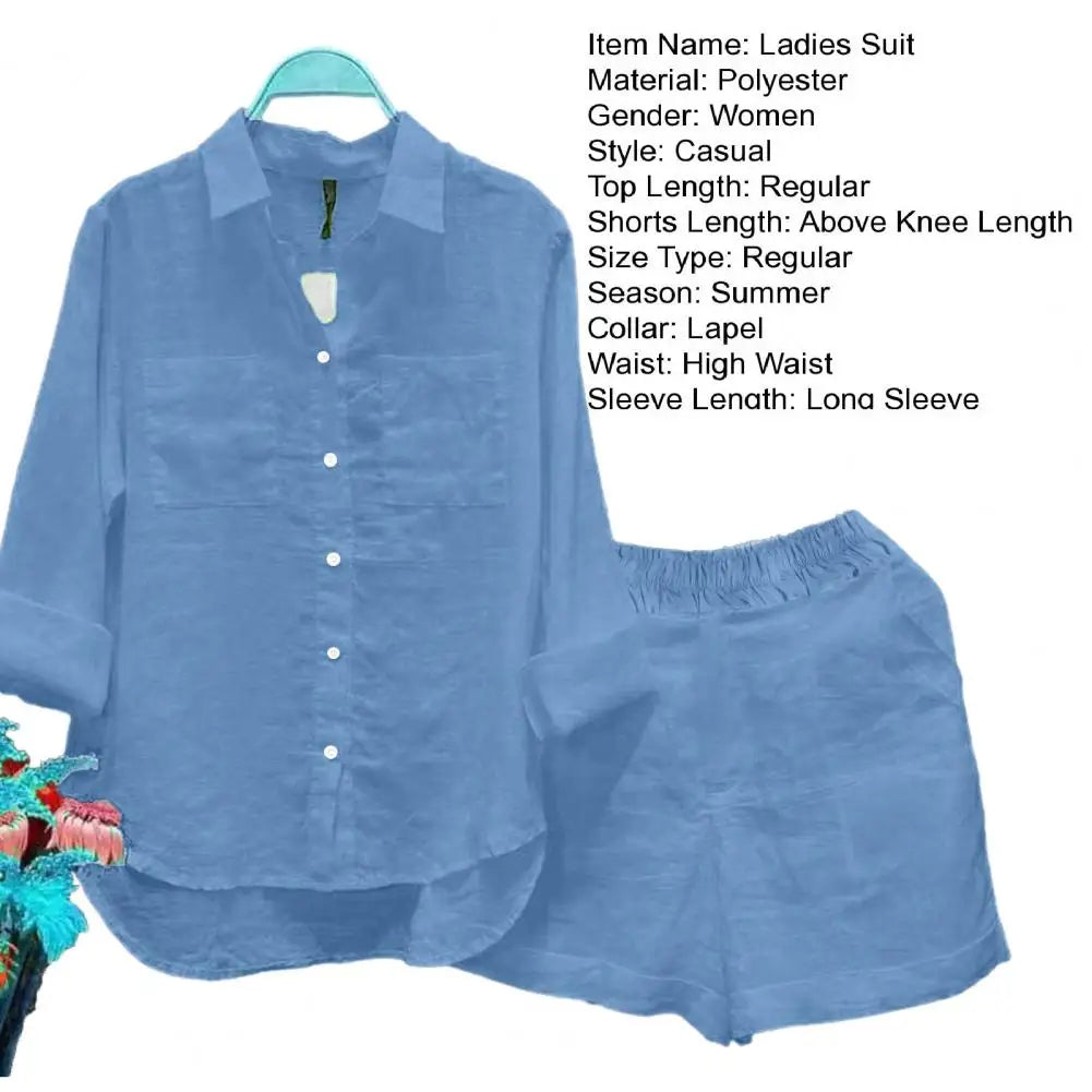 2 Pcs/Set Women Shirt Shorts Set Solid Color Loose Long Sleeves Elastic Waist Single-breasted Patch Pockets Irregular Hem Lapel