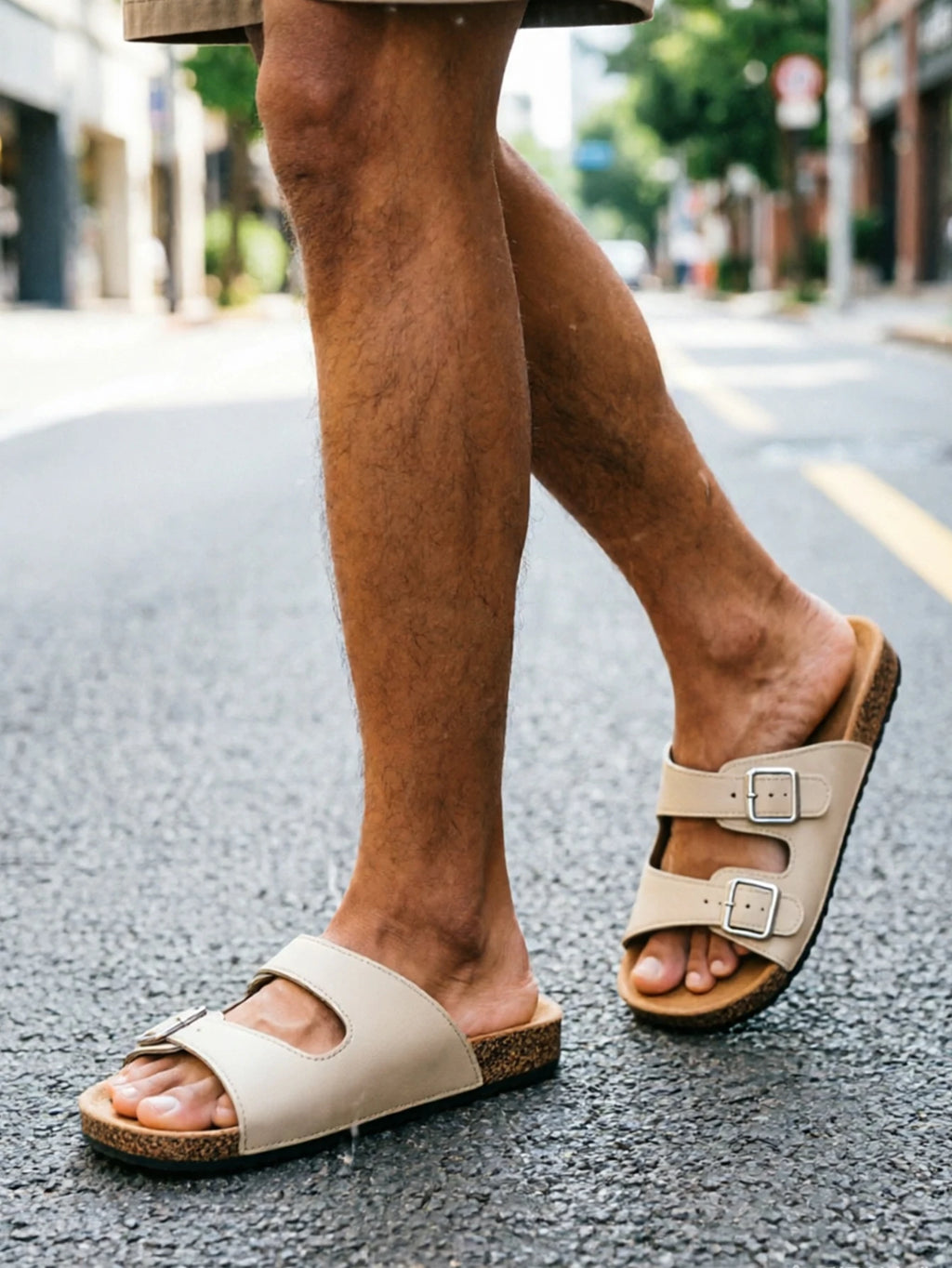 Men's Youth Mules New Spring/Summer Retro Casual Slip-On Shoes Pu Upper Double-Strap Half-Slip Flat Slippers with Adjustable Buckle