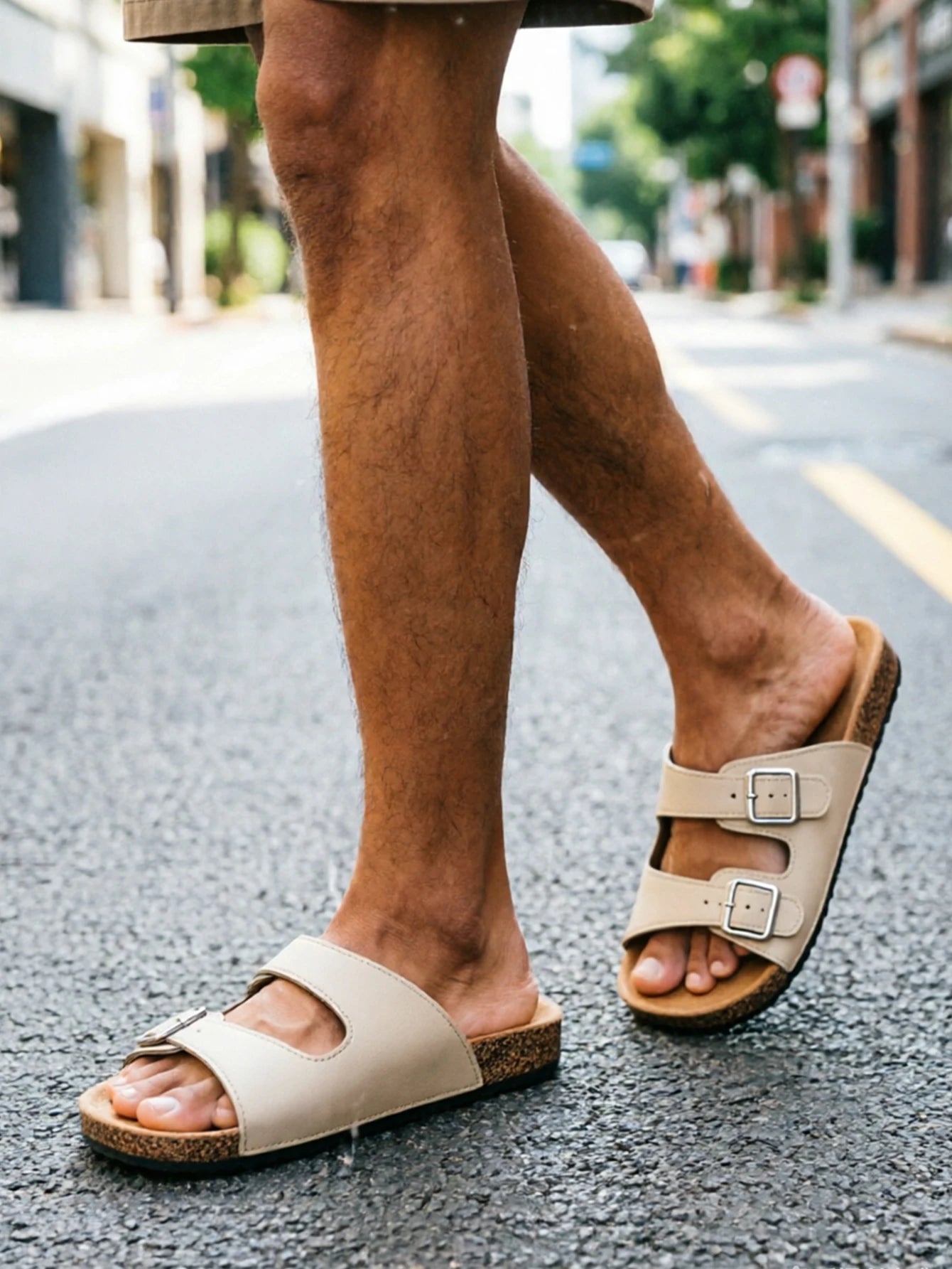 Men's Youth Mules New Spring/Summer Retro Casual Slip-On Shoes Pu Upper Double-Strap Half-Slip Flat Slippers with Adjustable Buckle