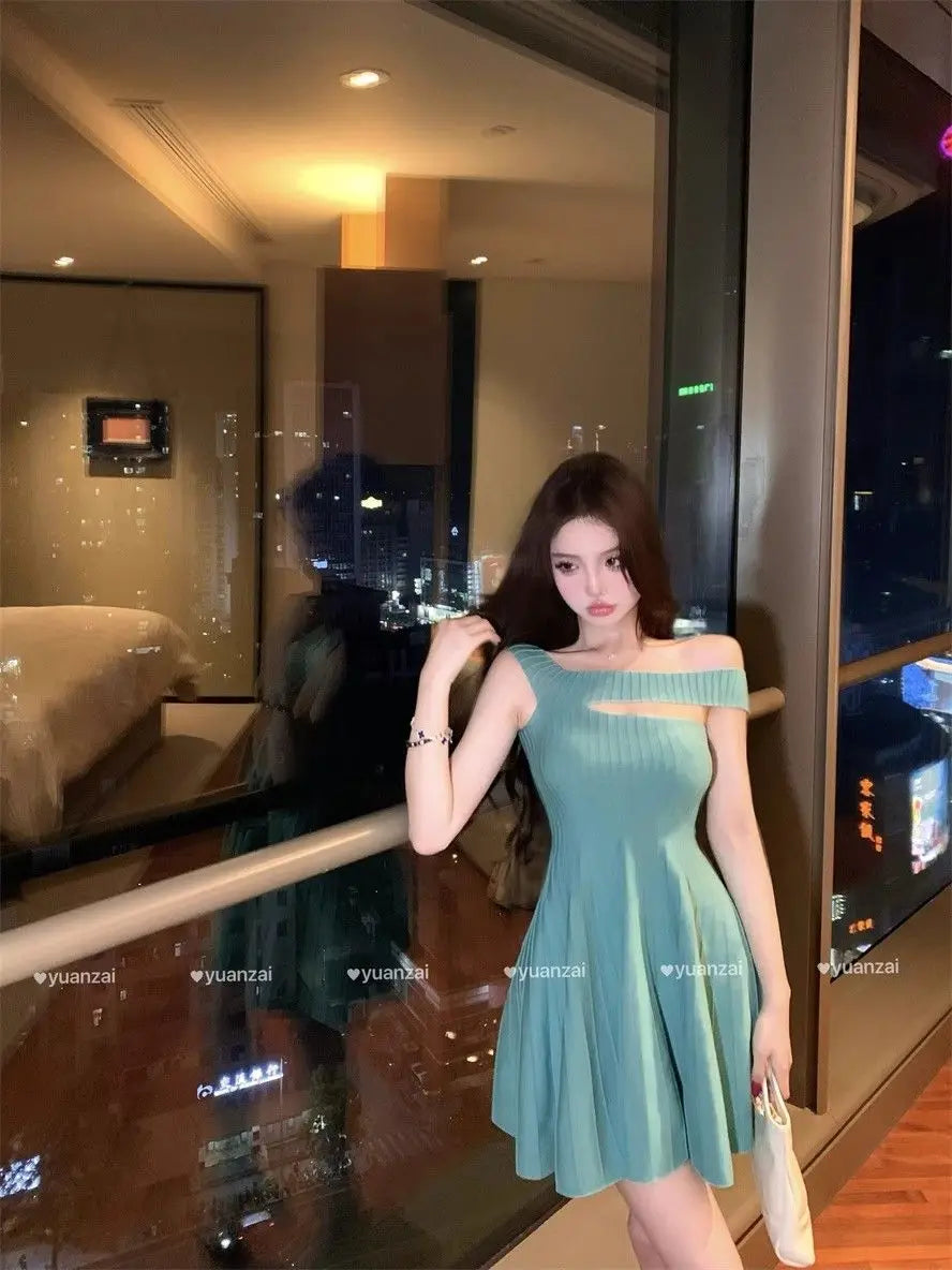 Women's Off Shoulder Knit Mini Dress Hollow Out Chest Flared Skirt Solid Color Party Evening Dress
