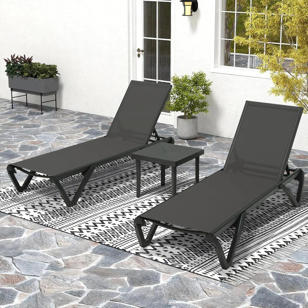 Aluminum Outdoor Chaise Lounge Set 2 with Table Wheels Adjustable Textilene All Weather Poolside Patio Deck, Customized