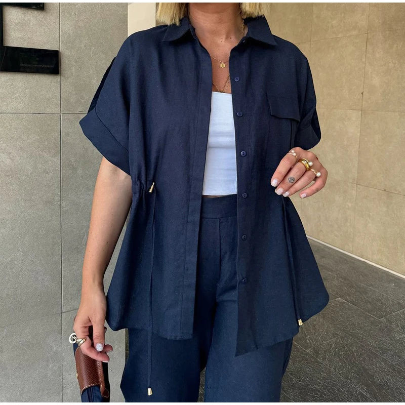 Casual Drawstring Shirt Pants Set Women Lapel Button Short Sleeve Pocket Loose Top Wide Leg Pants 2025 Chic Summer Women's Suit