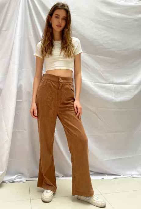 2025 Corduroy Trousers All Season Women Solid Button Fly Pocket Loungewear Slim Fit Ladies Flare Pants Streetwear Dropshipping