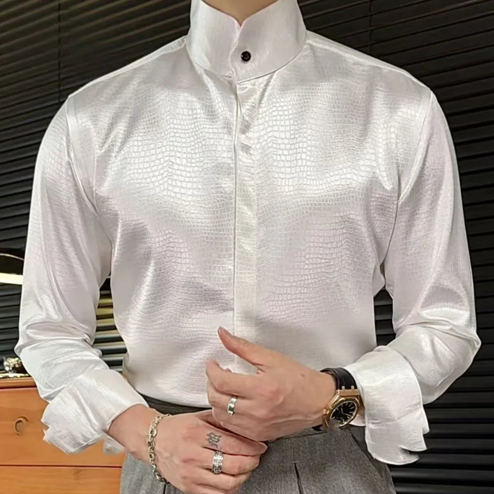 Stand Collar Men Shirt Office Long Sleeve Shirt Streetwear Leopard Print Shirt Social Business Shirt Men Camisa Social Masculina