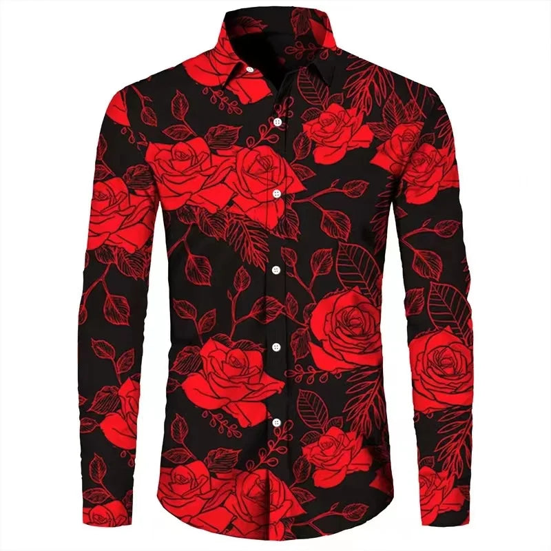 Spring and Autumn Men's Casual Outdoor Luxury Suit Lapel Shirt Long Sleeve Soft Comfortable Material Floral Rose Red HD Pattern