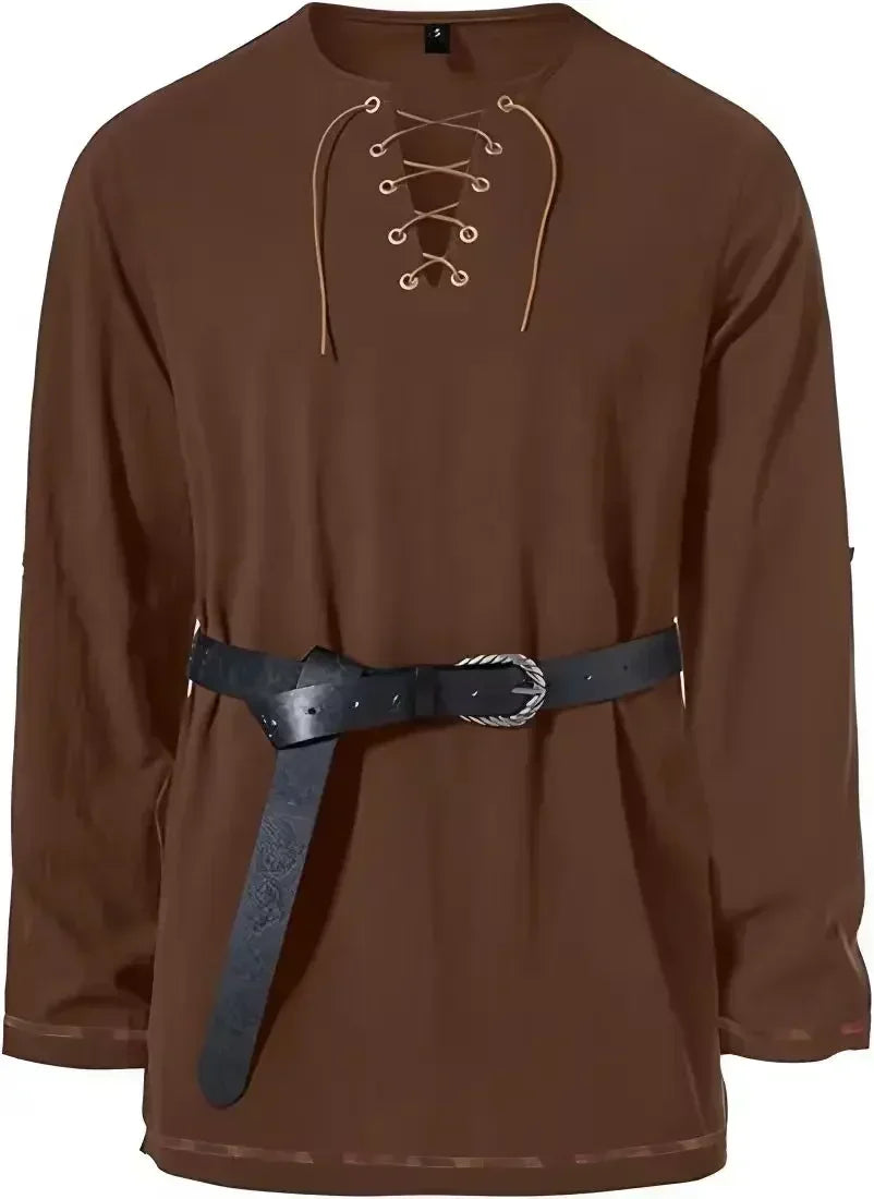 Men Medieval Lace Up Linen Long Sleeve Tunic Viking Pirate Renaissance Cosplay Shirt With Vintage Embossed Leather Belt