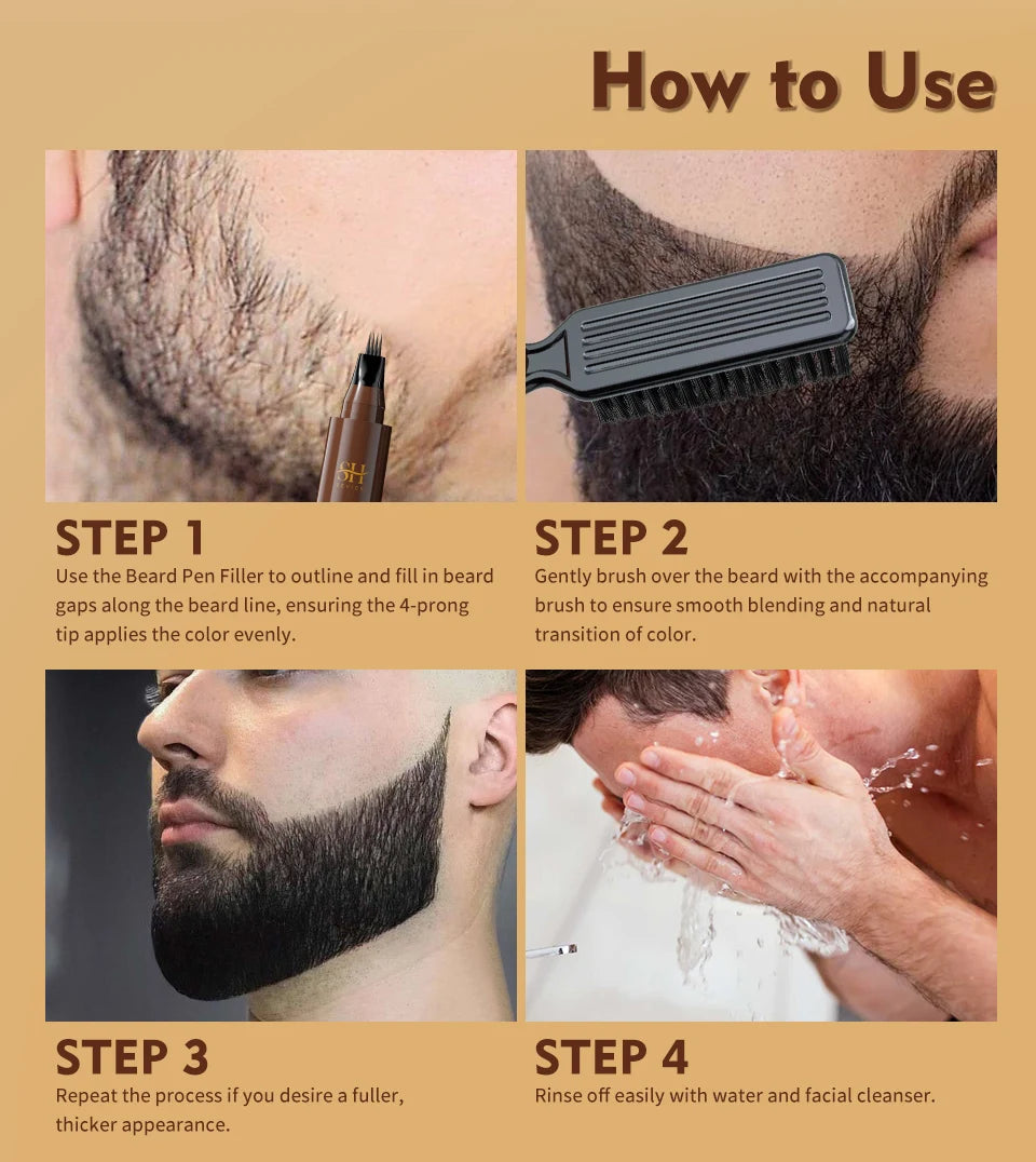 Beard Filling Pen Kit Four Prong Beard Filler Pencil With Beard Brush Waterproof Male Moustache Repair Shaping Coloring Pen