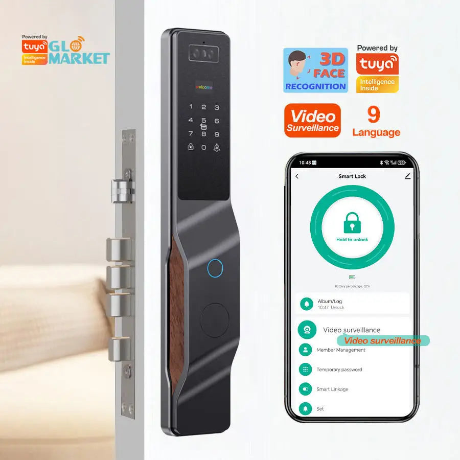 Tuya APP WIFI Remote Control Voice Intercom Smart Lock 3D Face Recognition Fingerprint Password Smart Door Lock With Camera