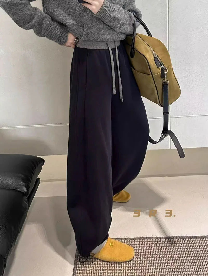 Women Drawstring Baggy Sweatpants High Waist Loose Wide Leg Curved Trousers Casual Soft Streetwear Jogger Pants for Daily Wear
